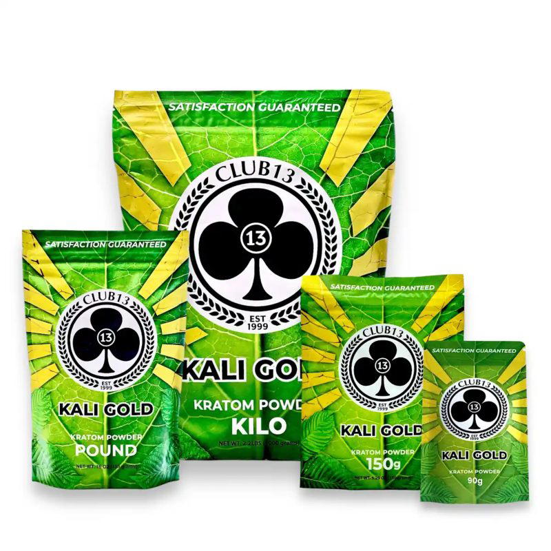 Club13 Kali Gold Kratom Powder in a resealable bag with a vibrant gold and green design