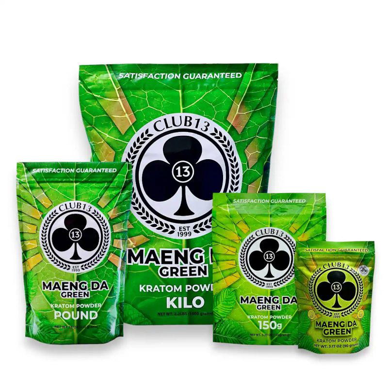 Club 13 Green Malay Kratom Powder packaging featuring vibrant green design, showcasing the product as a premium quality kratom sourced from Indonesia.