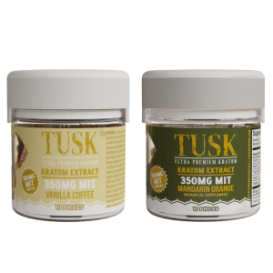 Tusk Kratom Extract Gummies in assorted flavors, including Pumpkin Spice, Mandarin Orange, and Vanilla Coffee, displayed in vibrant packaging.