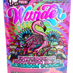 Wunder Ultra-High Potency Blend + Blue Lotus Gummies in a pink lemonade flavor, featuring a resealable bag filled with colorful, sugar-coated mushroom-shaped gummies