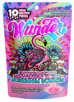 Wunder Ultra-High Potency Blend + Blue Lotus Gummies in a pink lemonade flavor, featuring a resealable bag filled with colorful, sugar-coated mushroom-shaped gummies