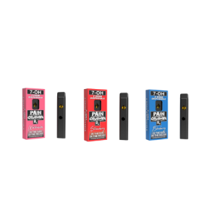 Pain Crusher Rx 7-OH 2g Disposable Vape Pen in Strawberry, Watermelon, and Blueberry Flavors.