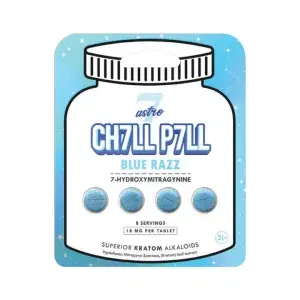 Astro 7 Hydroxymitragynine Tablet in Blue Razz flavor with packaging highlighting product details.