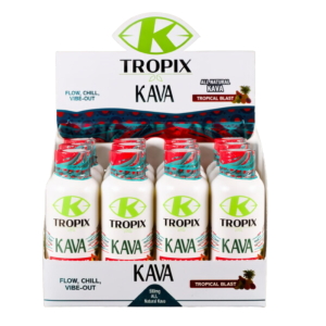 12-count box of K Tropix Kava Shots in Tropical Blast flavor with vibrant packaging.