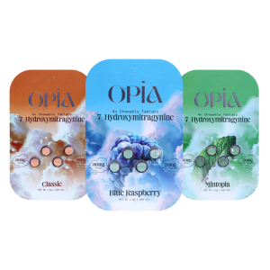 OPiA 7-Hydroxy 20mg Tablets in Classic, Mintopia and Blue Raspberry flavors, offering a convenient and flavorful wellness boost.