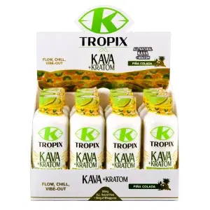 K Tropix Kava Kratom 500mg Shot bottle with packaging showcasing product details.