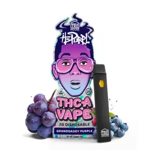 Purpl THCA 2g Disposable Vape featuring Grand Daddy Purp strain packaging, with purple and gold accents.