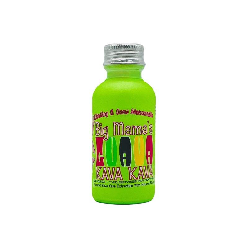 Single shot of Big Mama's Guava Kava Kava. Enticing green bottle filled with 2oz.